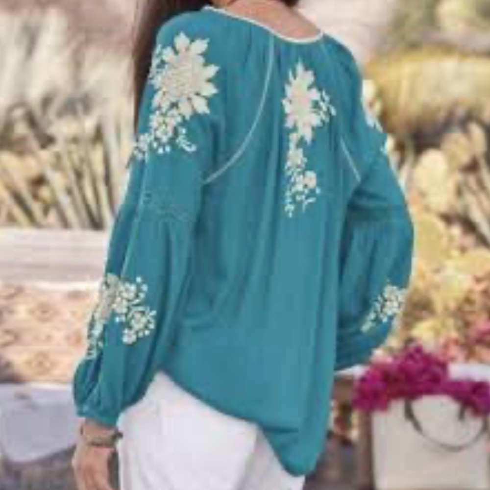 SUNDANCE Naomi Isles Modal Turquoise and Cream Long Sleeved Embroidered XL Tunic - Picture 5 of 13